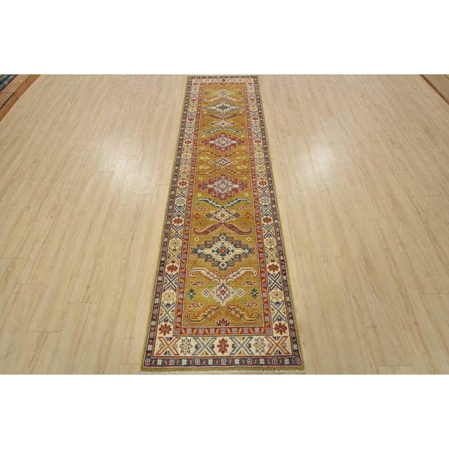 Cabin Kazak Runner 2’8” X 9’8” Green Wool Tribal Hand-Knotted Oriental Rug For Sale - Image 3 of 14