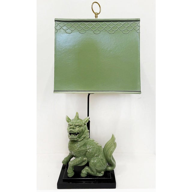 1940s Chinoiserie Celadon Porcelain Foo Dog Lamp, Custom Shade For Sale In Miami - Image 6 of 10