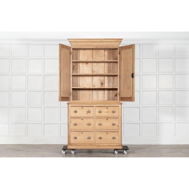 Circa 1880 19thc english pine linen cupboard together w116 x d58 x h227 cm base w116 x d58 x h94.5 cm top w114.5 x d46 x...