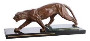 Art Deco Patinated Bronze Muscular Panther on Stepped Marble Base with Brass Trims, 1930s