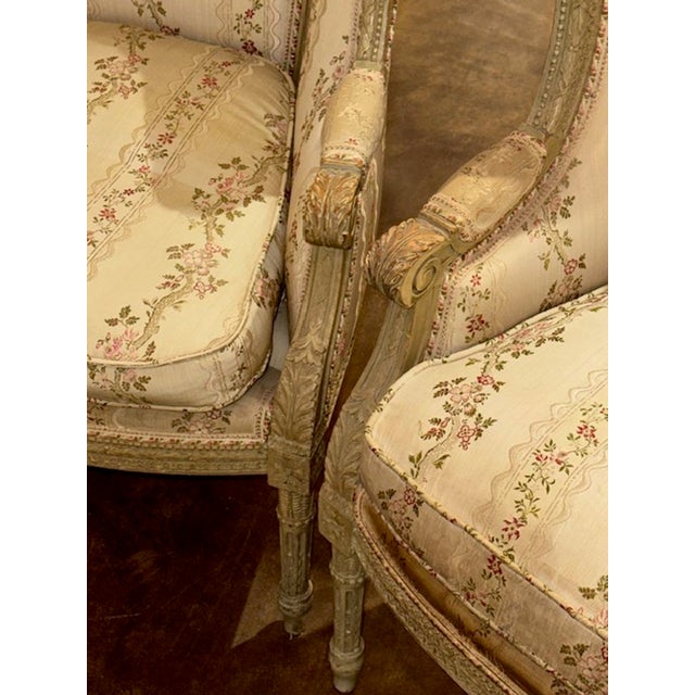 Pair of 19th Century French Carved and Painted Louis XVI Bergeres For Sale - Image 9 of 9