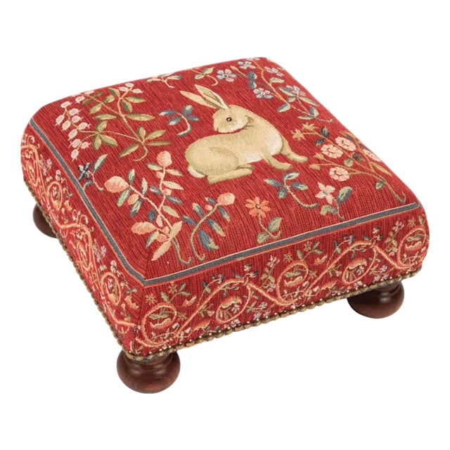 Medieval Rabbit Tapestry Footstool For Sale