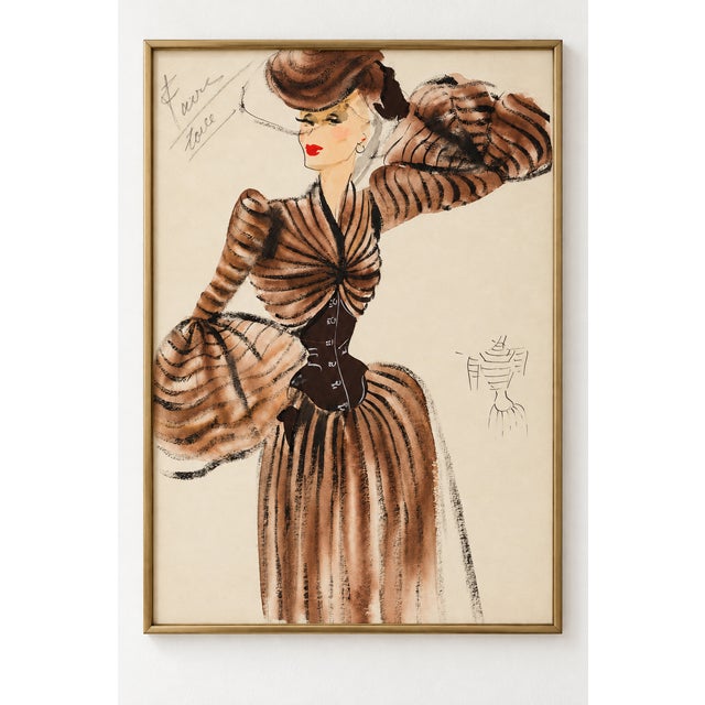 A woman wearing a fitted brown coat with dramatic trumpet sleeves and a matching hat brings vintage glamour to this French...