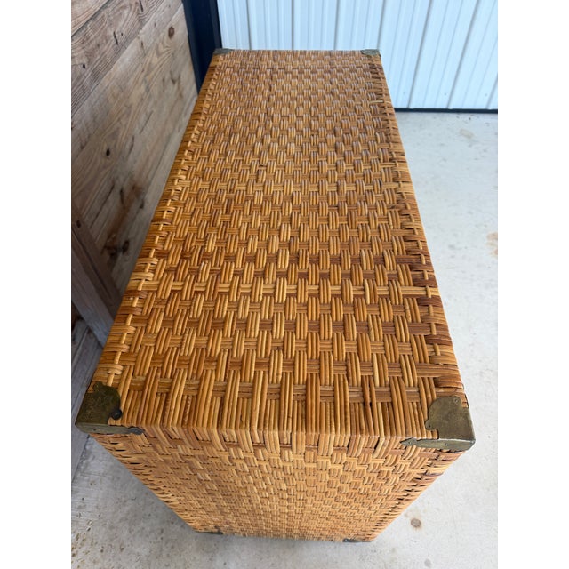 Campaign Late 20th Century Refinished Rattan Wrapped Campaign Chest Manner of Bielecky Brothers For Sale - Image 3 of 12