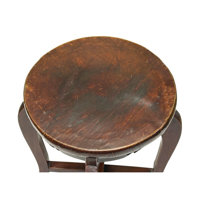 Vintage Oriental Brown Leather Top Round 4 Legs Stool Table For Sale In San Francisco - Image 6 of 8