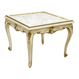 Mid 20th Century Vintage French Louis XV Style White Painted Marble Top Small Square Coffee Table For Sale