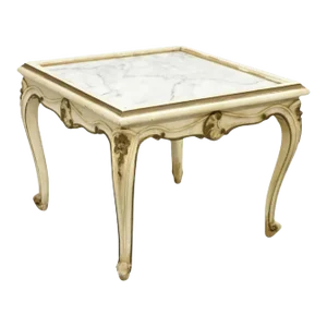 Mid 20th Century Vintage French Louis XV Style White Painted Marble Top Small Square Coffee Table