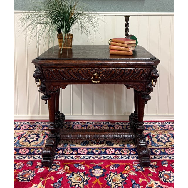 Antique French Oak Renaissance Revival Library Dolphin Table Desk C. 1880s For Sale - Image 4 of 18