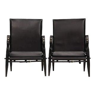 1970s Mid-Century Modern Black Leather “Safari” Chairs Attributed Wilhelm Kienzle- a Pair For Sale