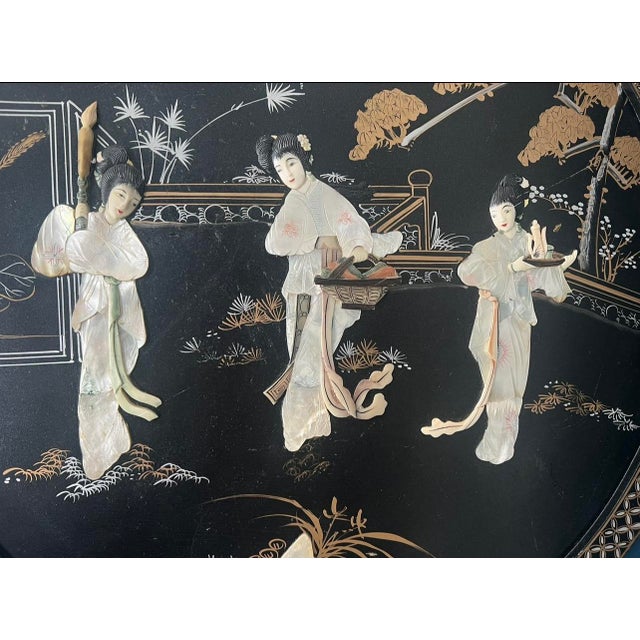 Large Chinese Lacquer Panel With Carved Mother-of-Pearl Figural Inlay, Mid-Century For Sale In New York - Image 6 of 10