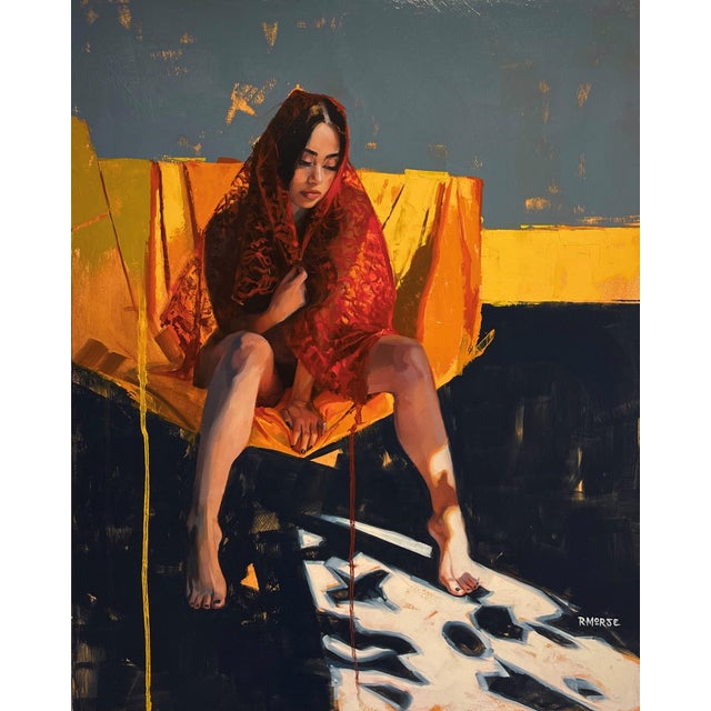 Dreamer by Ryan Morse | Oil on Board Portrait of a woman seated in a chair with a red shawl. For Sale