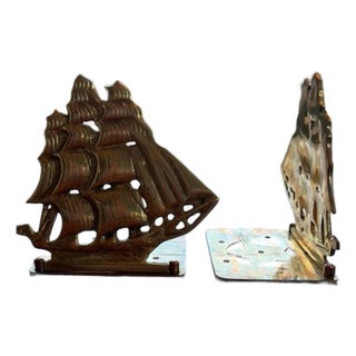 Vintage Solid Brass Sailing Ship Bookends Nautical Clipper Ship Decor Set For Sale