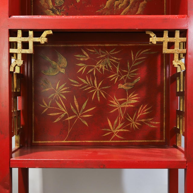 Pair of Vintage Louis XVI Style Chinoiserie Red Lacquer Display Cabinets For Sale - Image 9 of 17