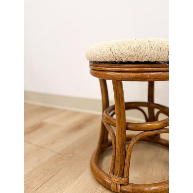 Mid 20th Century Vintage Rattan Swivel Stool Beige Upholstered Coastal Boho Ottoman For Sale - Image 5 of 7
