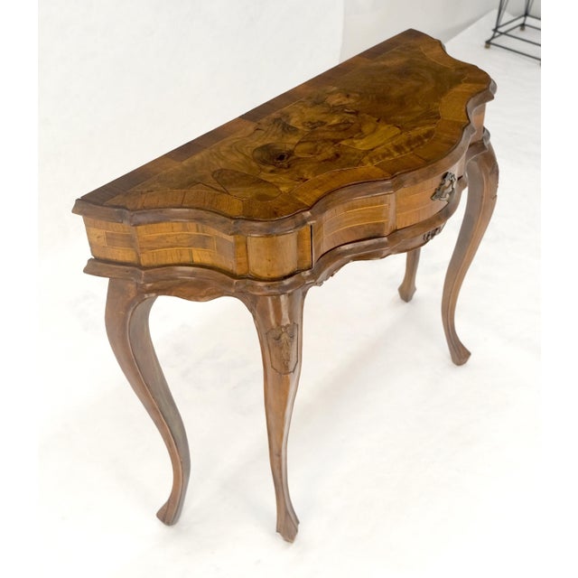 Milo Baughman Italian One Drawer Thick Burl Olive Wood Veneers Patches Console Table MINT For Sale - Image 4 of 18