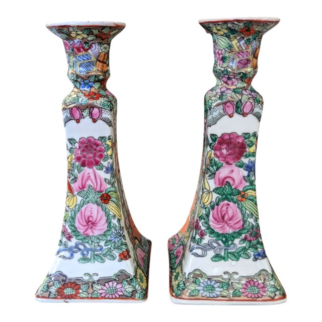 Vintage Chinoiserie Rose Medallion Porcelain Hand Painted Candle Holders -a Pair For Sale