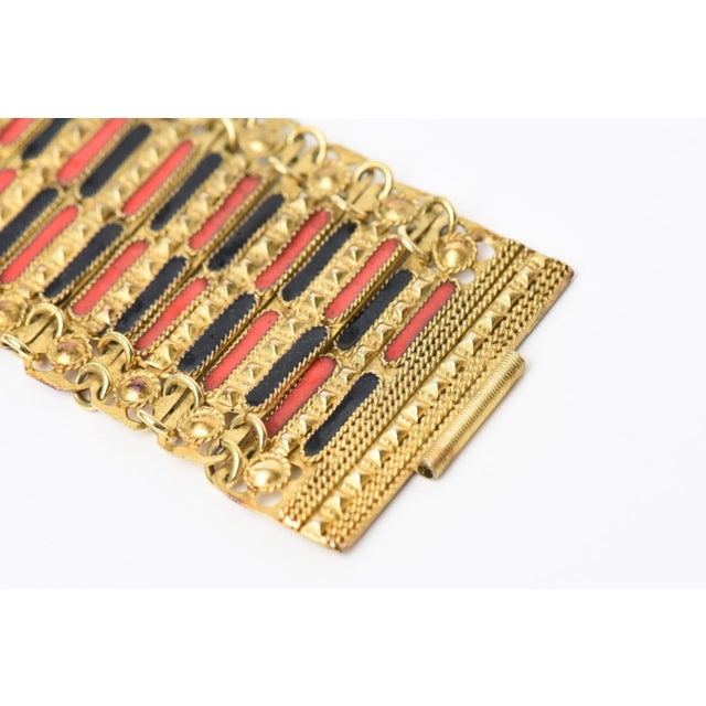 1950s 1950's Grecian Gold Plated Metal With Red and Black Enamel Cuff Bracelet For Sale - Image 5 of 10