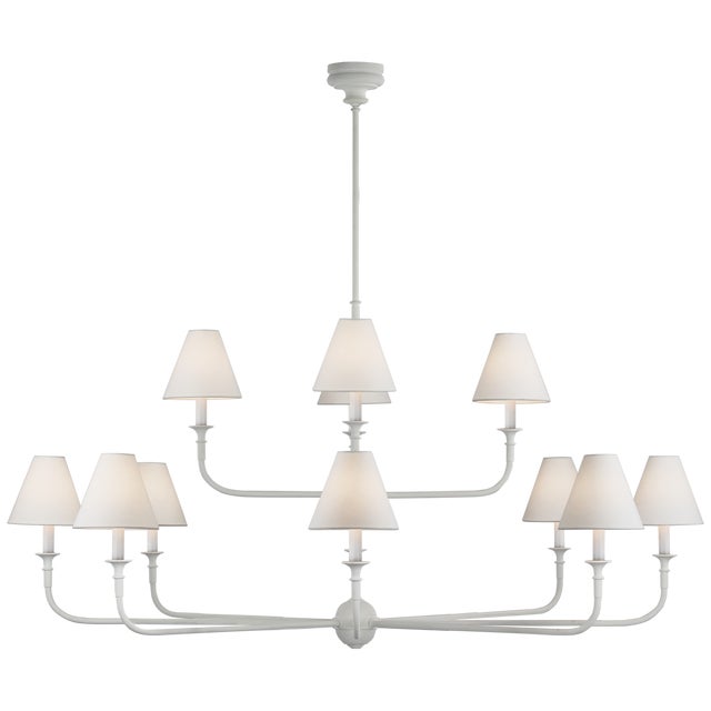 Transitional Thomas O'Brien for Visual Comfort Signature Piaf Grande Two-Tier Chandelier in Plaster White with Linen Shades For Sale - Image 3 of 7