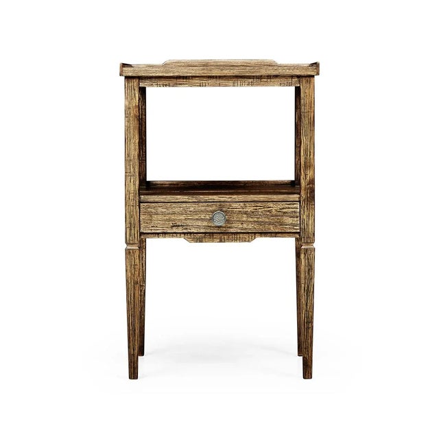 French two-tier lamp table, with a country-style medium driftwood heavily distressed finish on the square top above an...