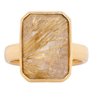 10.4cts Rutilated Quartz Statement Ring: 18k Solid Gold | Emerald Cut, Size 6.75 For Sale