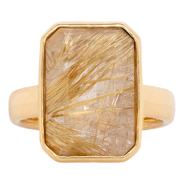 10.4cts Rutilated Quartz Statement Ring: 18k Solid Gold | Emerald Cut, Size 6.75 For Sale