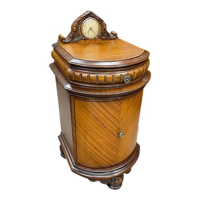Antique 1930's Bedroom Rounded Nightsand, Inlayed Analog Clock, Hand Carved Walnut, Large Cabinet For Sale