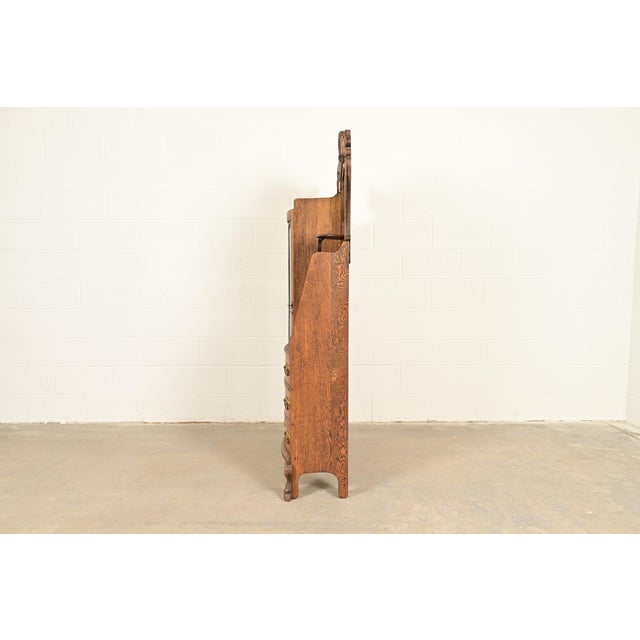 Antique Victorian Carved Tiger Oak Side-by-Side Bookcase With Drop Front Secretary Desk, Circa 1900 For Sale - Image 13 of 15