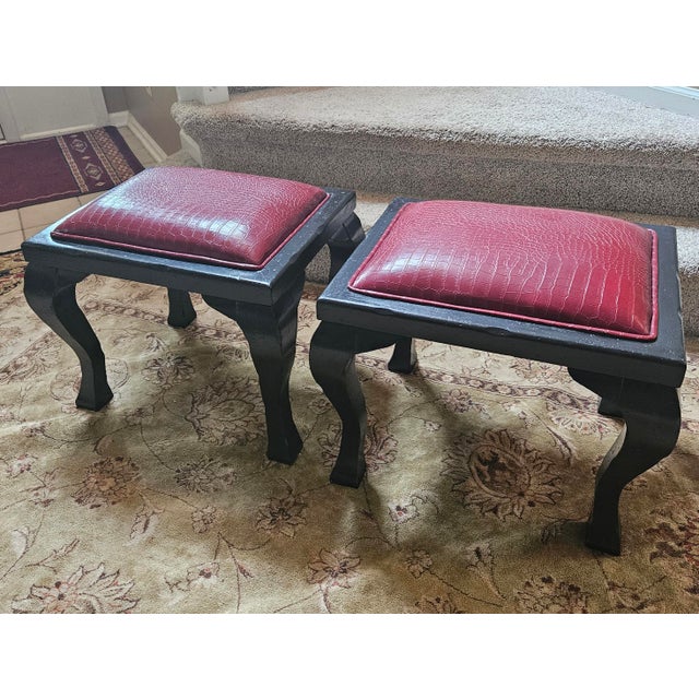 Faux Crocodile Embossed Leather Ottoman Bench Stool - Set of 2 For Sale In Indianapolis - Image 6 of 12