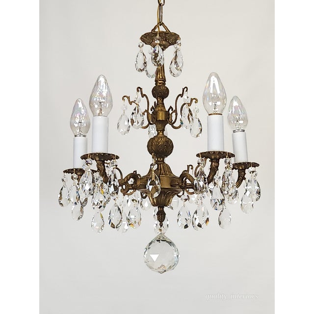Shabby Chic Antique 5 Arm 5 Light Dark Patina Ornate Brass Cut Lead Glass Crystal Chandelier For Sale - Image 3 of 12