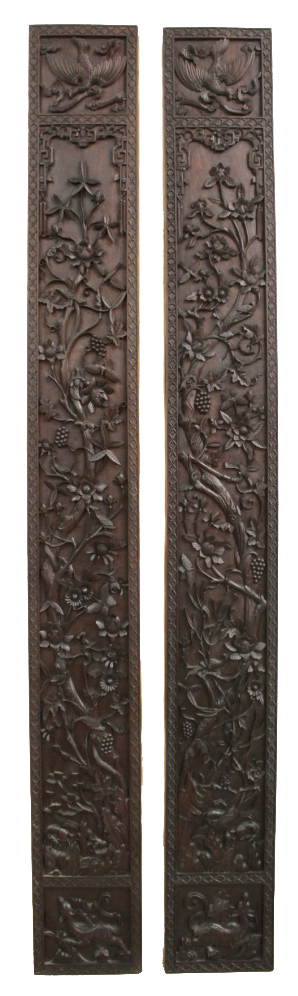 Asian Carved Wooden Columns, 1890s, Set of 2
