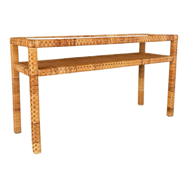 Vintage Coastal Organic Modern Rattan Wrap Console With Cane Insert & Glass For Sale