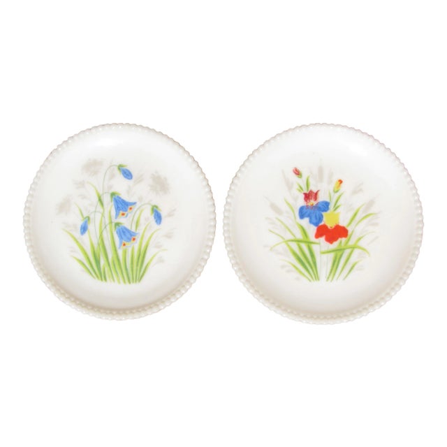 Handpainted Floral Milk Glass Plates, Pair For Sale