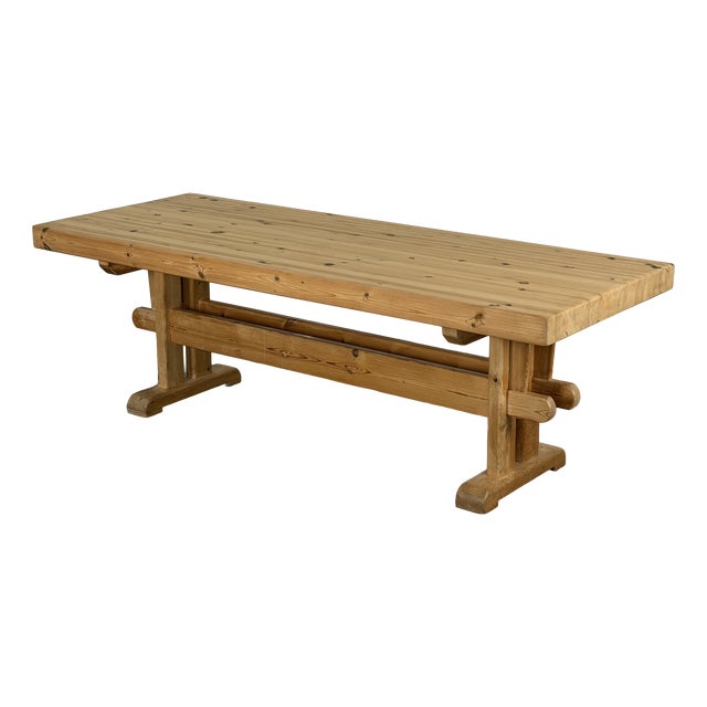 Scandinavian Modern Trestle Dining Table in Pine, Sweden, 1970s For Sale