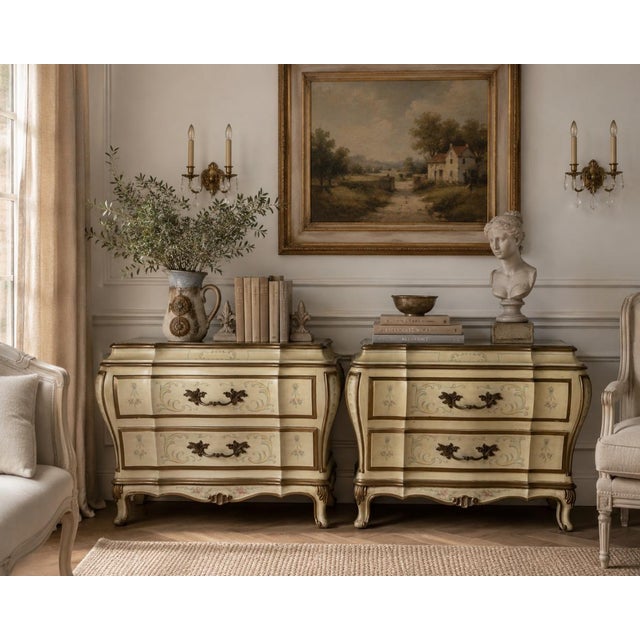 Elegant pair of vintage French Provincial nightstands by Karges, crafted in the classic Louis XV style. Each nightstand...