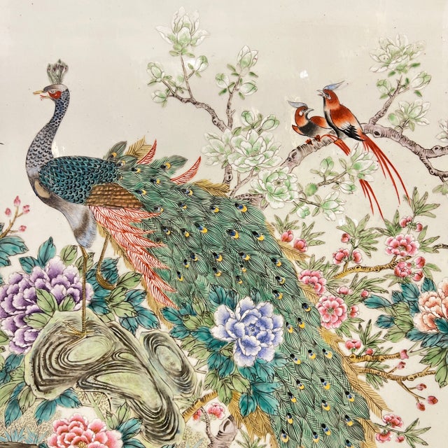 Ceramic Large Qianjiang Chinese Porcelain Plaque Depicting Peacock and Exotic Birds For Sale - Image 7 of 15
