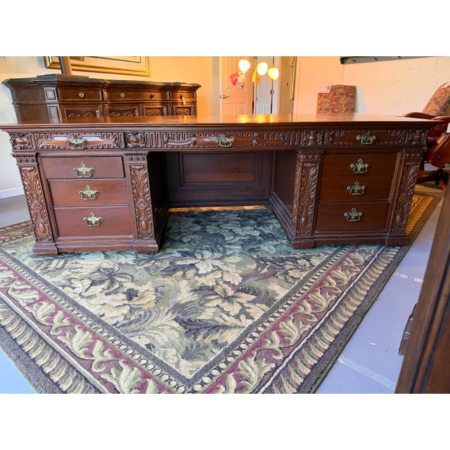 Brick Red Presidential "Resolute Desk" Carved Mahogany Handcrafted Executive Partners Desk For Sale - Image 8 of 12