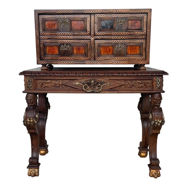 20th Italian Cabinet on Stand, Baroque Bargueno with Inlays & Mounts For Sale