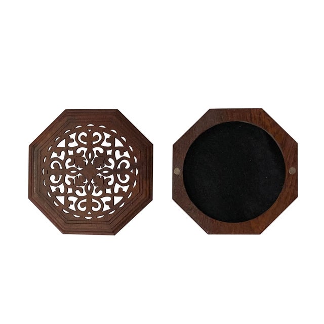 Asian Small Brown Wood Octagonal Carving Storage Accent Box For Sale - Image 3 of 7