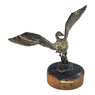 1970s Bronze Mallard Duck Sculpture by James H. Scorse Wooden Base Plaque MCM For Sale