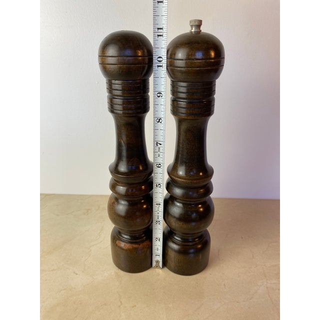 Vintage Made in Japan Dark Hardwood Salt & Pepper Mill Set, Turned Wood Grinder Pair For Sale - Image 9 of 9