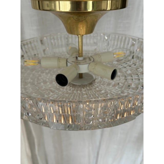 Crystal Glass Hanging Lamp with Brass Elements attributed to Carl Fagerlund for Orrefors, 1960s For Sale - Image 10 of 11