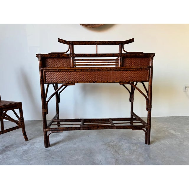 Brown Vintage British Colonial Style Faux Burnt Bamboo and Grasscloth Pagoda Desk and Chair For Sale - Image 8 of 10