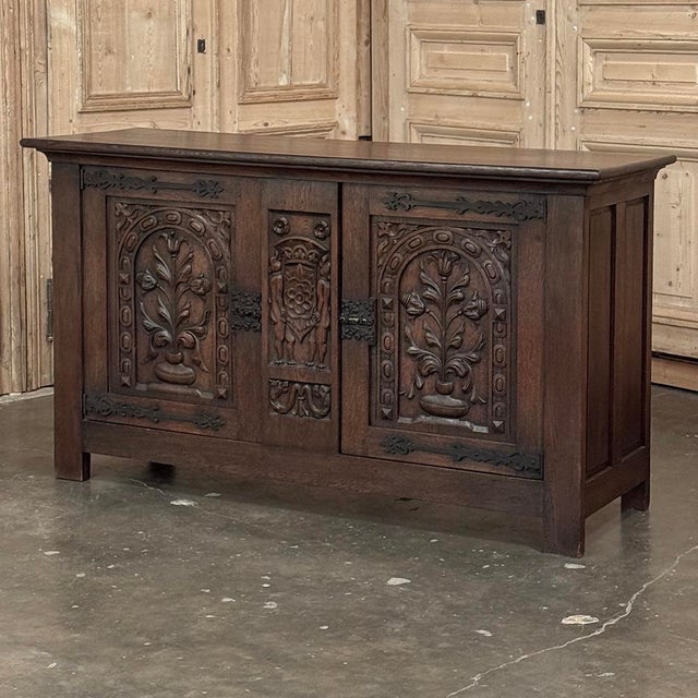Mid 20th Century French Gothic Revival Oak Coffer Buffet With Iron Hardware For Sale - Image 5 of 18
