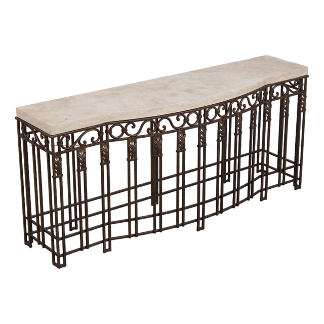 French Style Iron & Steel Base Stone Top Console Table For Sale