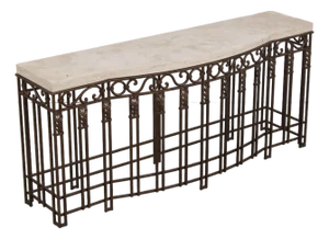 French Style Iron & Steel Base Stone Top Console Table