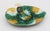 Circa 1870s English majolica begonia leaf sweetmeat dish. In rarer color palette - greens, ochre yellows & off-white...