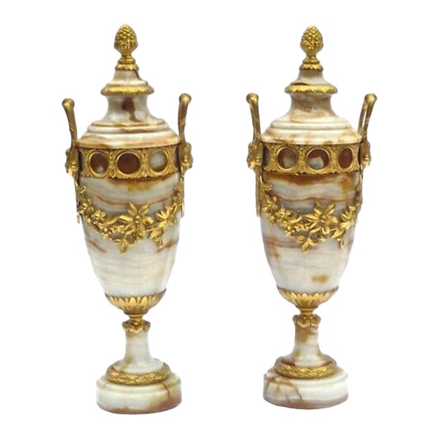 Pair Antique Marble & Gillt Urns For Sale