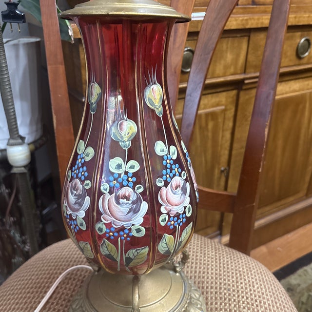 1920s Antique Venetian Cranberry Glass Lamp With Hand Painted Roses For Sale - Image 5 of 6