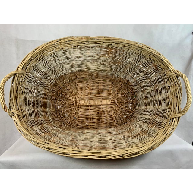 Large Vintage English Willow Hand Woven Oval Laundry Basket With Two