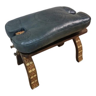 Moroccan Camel Saddle Dark Grey Leather Cushion Carved Wooden Base Stool For Sale